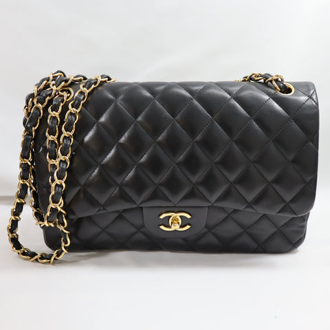 Pre-Owned #40722 CHANEL Matelasse Jumbo Chain Shoulder Bag Lambskin Black A58600