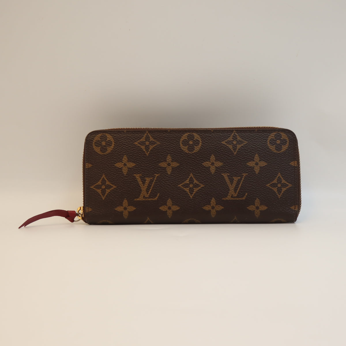 Pre-Owned #72294 Louis Vuitton Monogram Portefeuil Clemence Round Zipper Wallet Broun×Red M60742
