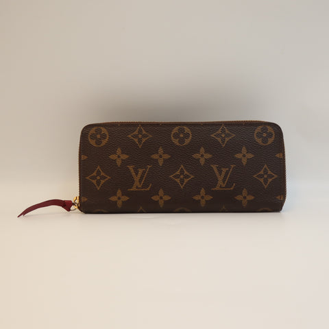 Pre-Owned #72294 Louis Vuitton Monogram Portefeuil Clemence Round Zipper Wallet Broun×Red M60742