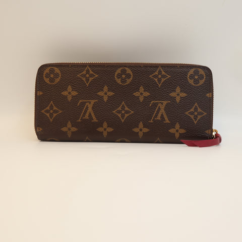 Pre-Owned #72294 Louis Vuitton Monogram Portefeuil Clemence Round Zipper Wallet Broun×Red M60742