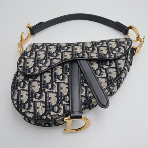 Pre-Owned #71109 Christian Dior Oblique Saddle Bag Canvas & Leather Hand bag Navy Blue M0447CTZQ