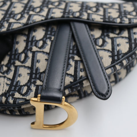 Pre-Owned #71109 Christian Dior Oblique Saddle Bag Canvas & Leather Hand bag Navy Blue M0447CTZQ