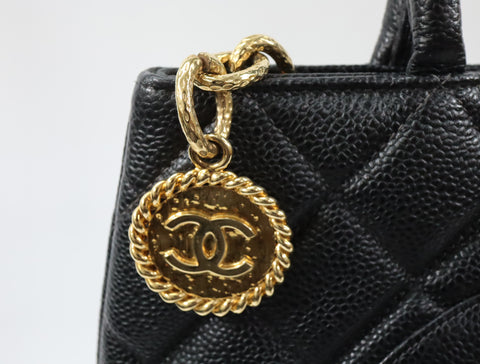 Pre-Owned #33665 CHANEL Matelasse Reprint Tote Bag Caviar Skin Black Gold