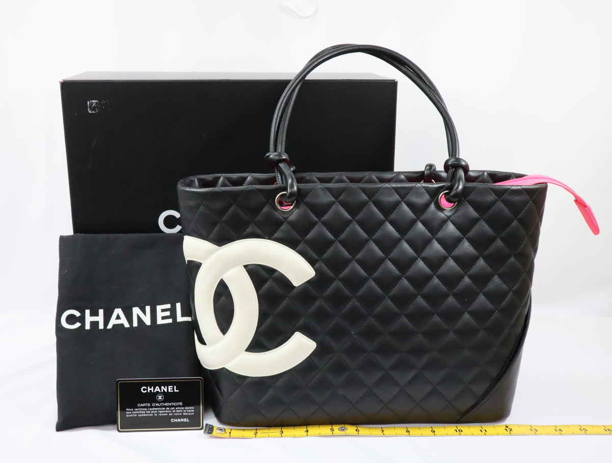 Pre-Owned #43708 CHANEL Cambon Line Large Tote shoulder Bag Lambskin leather Black×Pink