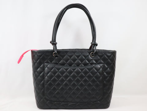 Pre-Owned #43708 CHANEL Cambon Line Large Tote shoulder Bag Lambskin leather Black×Pink
