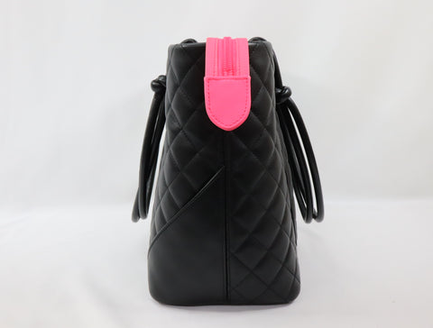 Pre-Owned #43708 CHANEL Cambon Line Large Tote shoulder Bag Lambskin leather Black×Pink