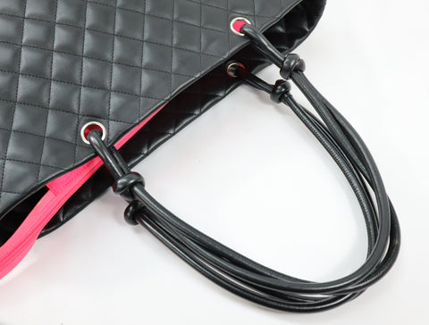 Pre-Owned #43708 CHANEL Cambon Line Large Tote shoulder Bag Lambskin leather Black×Pink