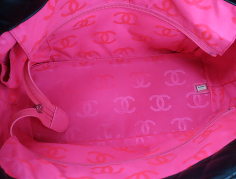 Pre-Owned #43708 CHANEL Cambon Line Large Tote shoulder Bag Lambskin leather Black×Pink