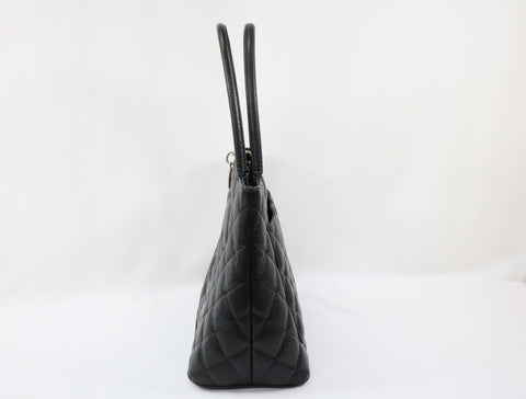 Pre-Owned #31989 CHANEL Matelasse Reprint Tote Bag Caviar Skin Black Silver